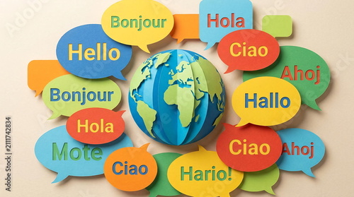Obraz na płótnie Earth globe surrounded by multilingual speech bubbles.