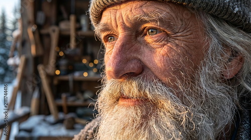 Elderly man with grey beard in rustic winter workshop