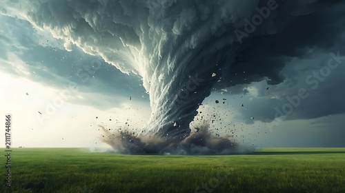 Huge dark tornado twisting in the landscape