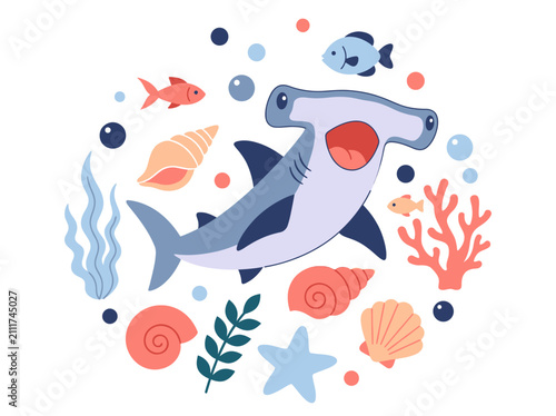 Cute Hammerhead Shark Vector Illustration with Marine Life, Coral Reef, Sea Shells and Fish. Whimsical Underwater Ocean Background for Children's Decor and Education.