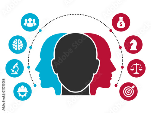Business Skills and Human Potential Concept Illustration with Head Silhouettes and Icons for Management, Recruitment, and Strategy