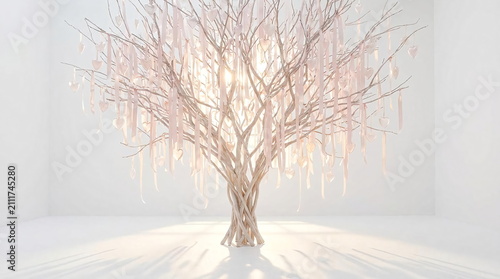Ethereal crystalline tree glowing in minimalist bright interior