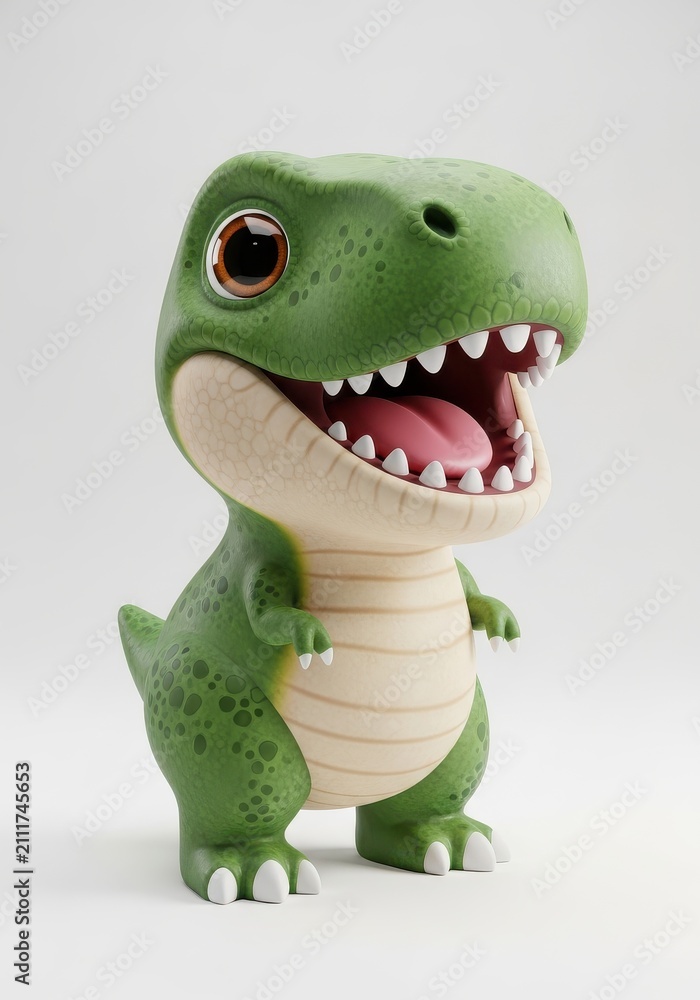Fototapeta premium Cute 3D Cartoon Green Tyrannosaurus Rex Dinosaur Character with Big Eyes Isolated on White Background