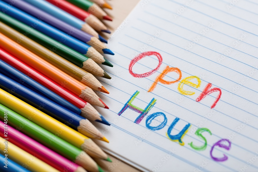 Fototapeta premium Colorful Pencils Spell Out 'Open House' on Lined Paper, Ideal for Real Estate Marketing