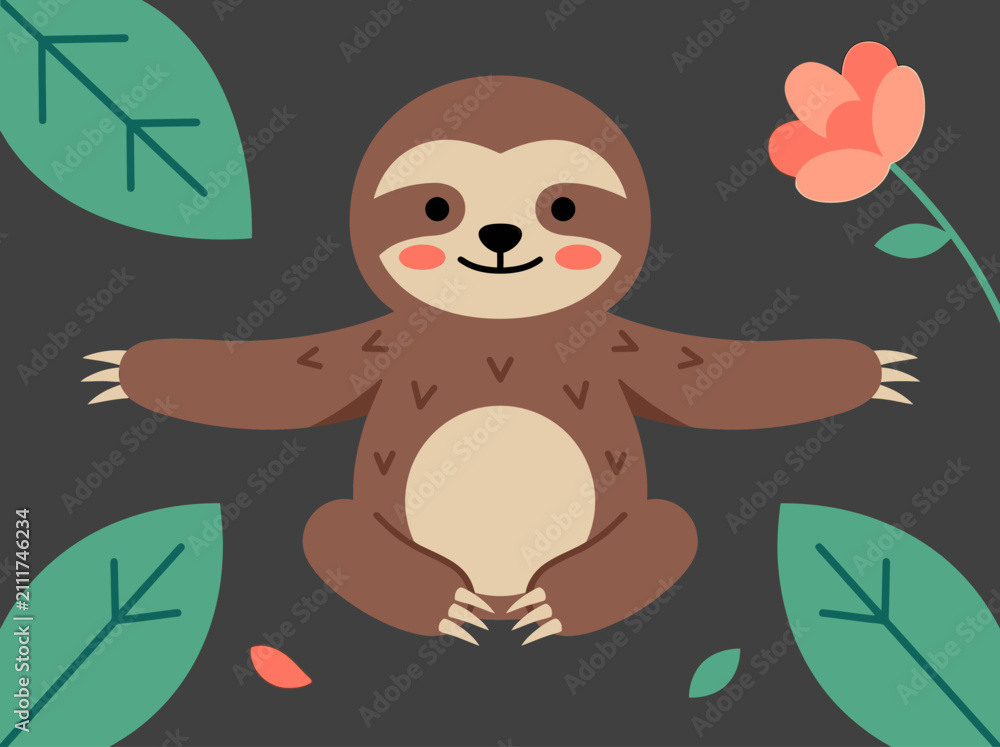 Fototapeta premium Cute Sloth Vector Illustration with Tropical Leaves and Pink Flower on Dark Background