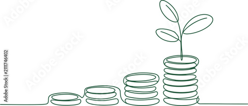 Stacks of Coins Growing with a Plant Sprouting from the in Green Line money Transparent Background