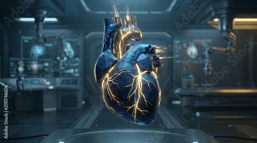 Futuristic artificial heart with golden glowing circuits in lab.
