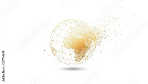 Glowing golden particle earth globe with trailing digital dust particles abstract technology communication connection internet particle connectivity representation geometric transfer