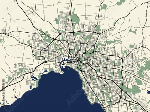 Minimalist Vector Map of Melbourne Australia City Streets and Port Phillip Bay