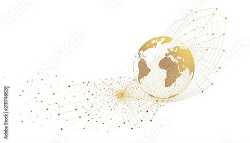 Digital golden globe world map dissolving into glowing particles on white backdrop with particles dissolving abstract technology communication connection internet particle connectivity