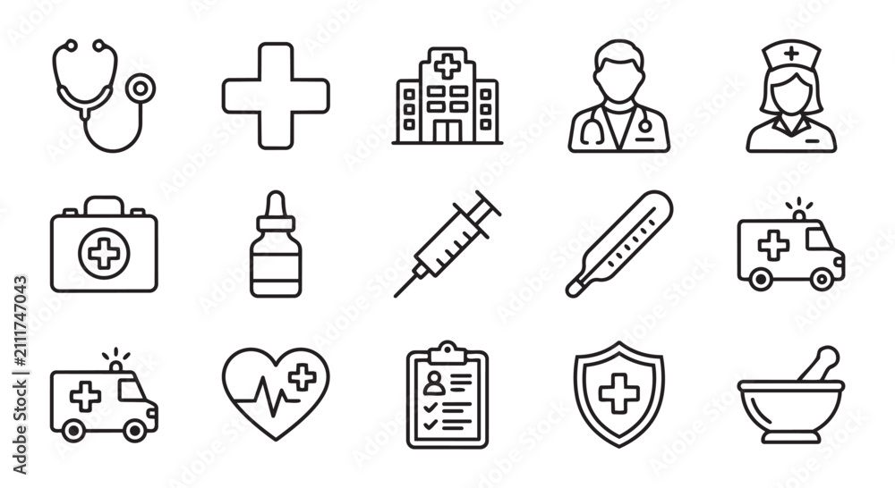 Fototapeta premium Medical and healthcare icon set featuring hospital and equipment symbols healthcare hospital stethoscope
