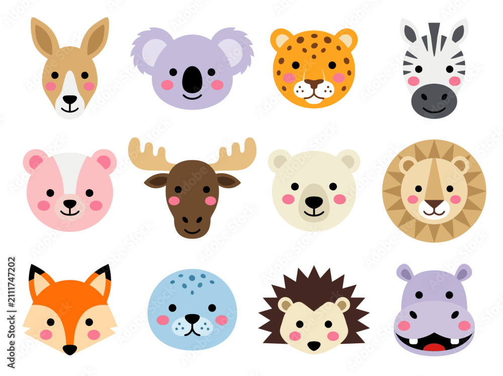 Fototapeta premium Set of 12 Cute Cartoon Animal Face Icons - Vector Illustration for Kids and Nursery Decor
