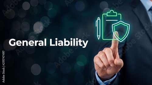 Businessman touching general liability insurance icon. Corporate protection and risk concept.