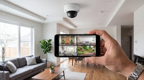 Home security camera system viewed on smartphone with live feed of multiple rooms.