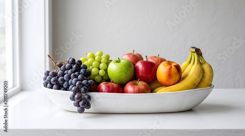 A beautiful white bowl filled with a variety of fresh colorful fruits sitting on a bright kitchen counter