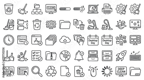 A comprehensive collection of line icons depicting digital cleaning, data organization, file management, and system optimization tasks.