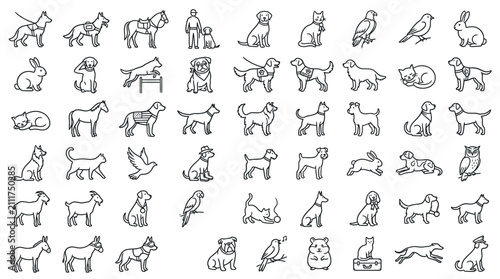 Принти на полотні A comprehensive collection of various animal line art icons, featuring pets, farm animals, and wildlife in a simple, illustrative style