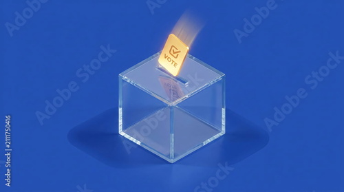 Golden ballot falling into transparent ballot box on blue background