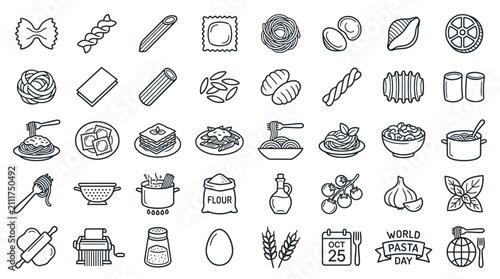 Canvastavla A comprehensive set of black and white line icons illustrating various pasta shapes, cooking ingredients, prepared pasta dishes, and kitchen tools