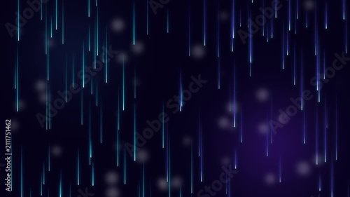 Abstract digital background with glowing blue and purple vertical light streaks and particles