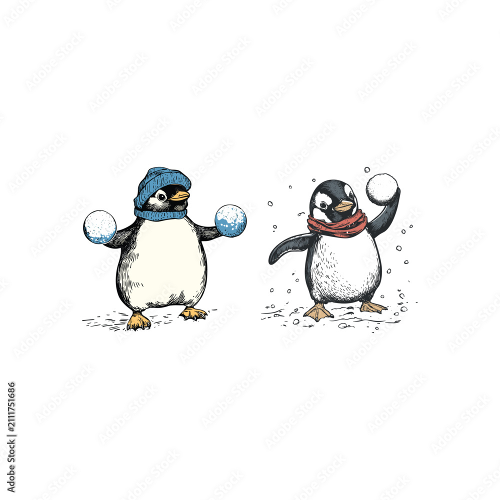 Fototapeta premium Vintage Hand-Drawn Penguin Holding a Snowball Illustration