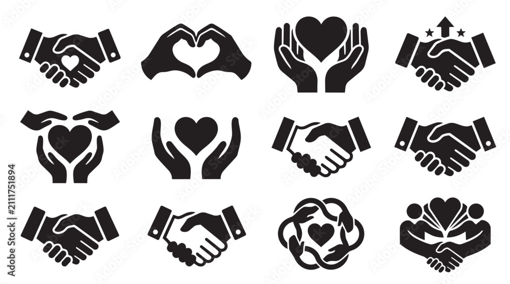 Fototapeta premium Set of black silhouette icons depicting unity heart shapes and handshakes with handshake, partnership