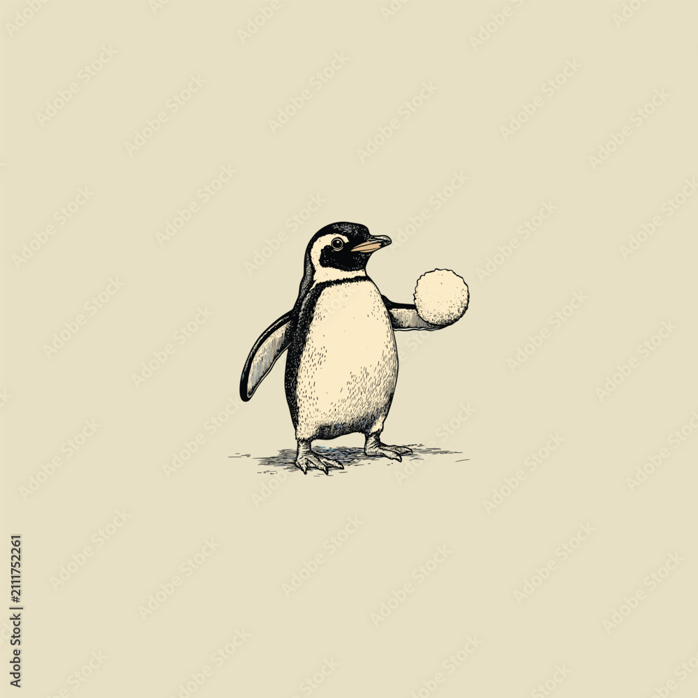 Fototapeta premium Vintage Hand-Drawn Penguin Holding a Snowball Illustration