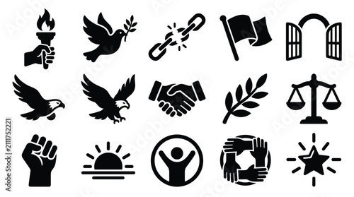 Obraz na plátne Collection of Icons Representing Freedom, Peace, Justice, and Unity