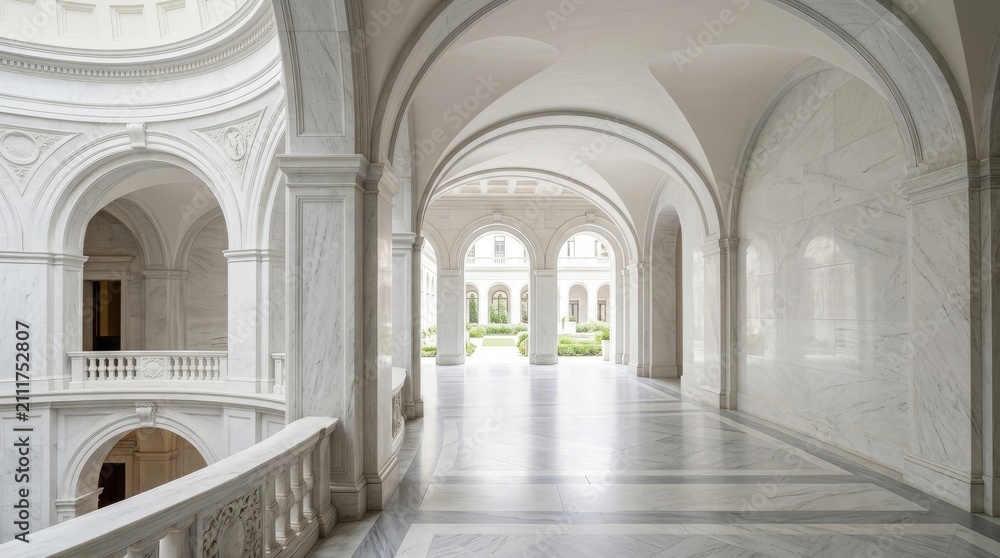 Fototapeta premium A wide-angle photograph captures a grand, marble hallway within a stately building. The hallway features a series of arched openings, leading into a distant courtyard.