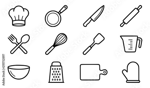 Generic culinary art and kitchen tools vector icon set with simple bold line art classic complete unbranded chef hat knife frying pan restaurant clip art black and white