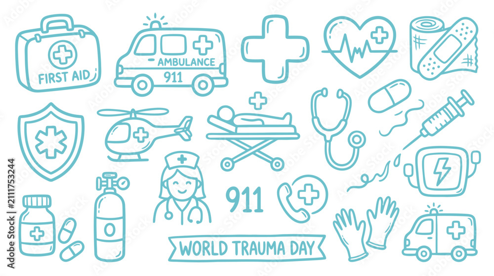 Fototapeta premium Collection of hand-drawn medical icons and symbols representing emergency healthcare and trauma care services, including ambulance, first aid, and medical professionals.