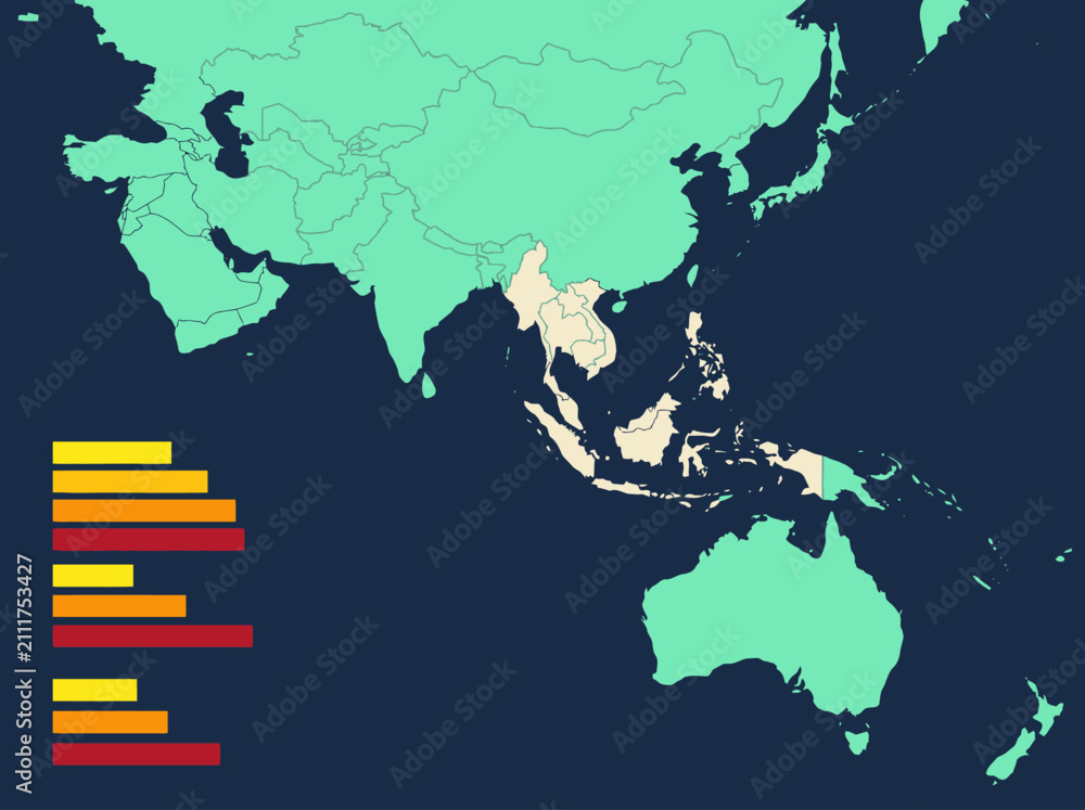 Fototapeta premium Asia and Oceania Map Infographic with Data Visualization Bars