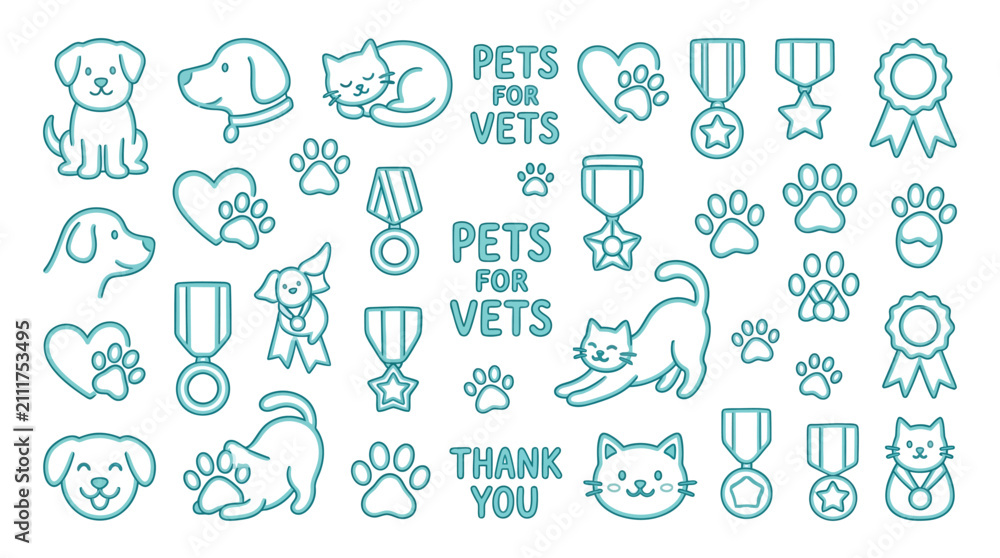 Fototapeta premium Cute cartoon icons of dogs, cats, paw prints, and medals for 'Pets for Vets' campaign.