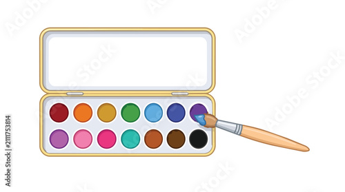Watercolor paint box palette with colorful paints and a wooden paintbrush, vector illustration of school art supplies.