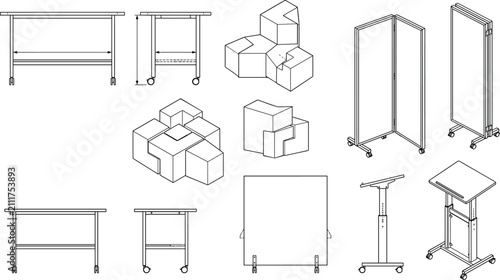 Architectural line drawing collection of modern modular office furniture featuring mobile desks, folding room dividers, and seating blocks