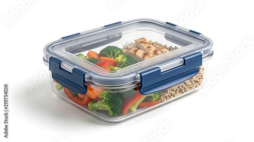 Glass meal prep container with healthy food and blue locking lid.bspill proof container