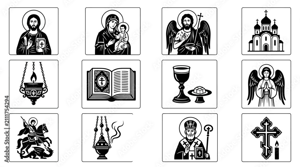 Obraz premium Collection of black and white Orthodox Christian icons featuring religious figures, symbols, and church elements.