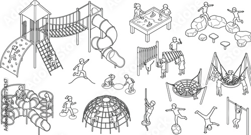 Fotografía Black and white line art isometric vector illustration set of children playing o