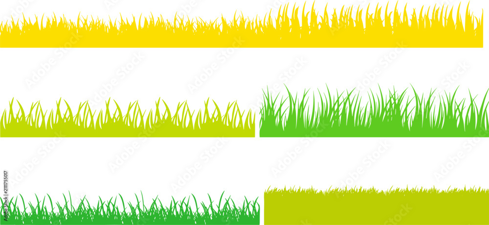 Obraz premium Set of vibrant green and yellow grass border silhouettes for spring meadow landscapes and vector footer designs.