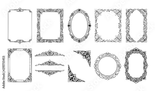 Fotografie Vintage Ornamental Frame and Baroque Border Vector Set with Elegant Corners, Fil