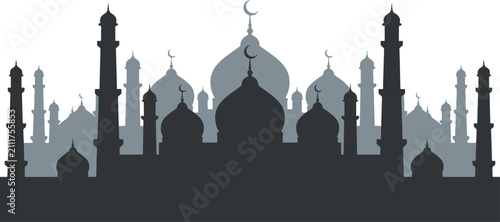 Layered silhouette graphic of traditional islamic mosque architecture with multiple domes and minarets silhouette architecture building religion background traditional landmark