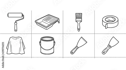 Home renovation tools kit with paint roller, paint tray, brush, painter's tape, shirt, paint bucket, putty knife, flashlight in a detailed line drawing