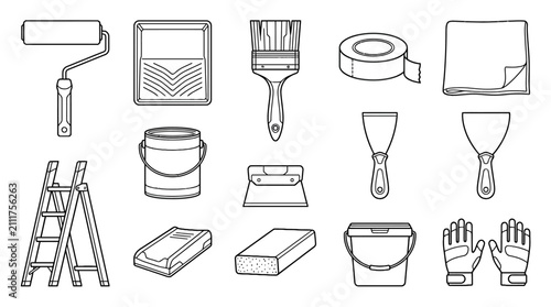 Outline of painting tools and equipment including paint roller, brushes, tape, ladder, buckets, sponge, cloth, and gloves for decorating and renovation projects