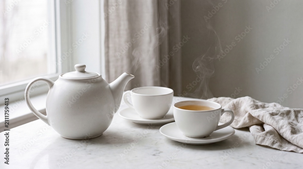 Fototapeta premium Realistic atmospheric still life of clean white teacups and a white ceramic teapot with rising steam, representing tea time, minimalism, calm morning ritual and cozy beverage photography concept
