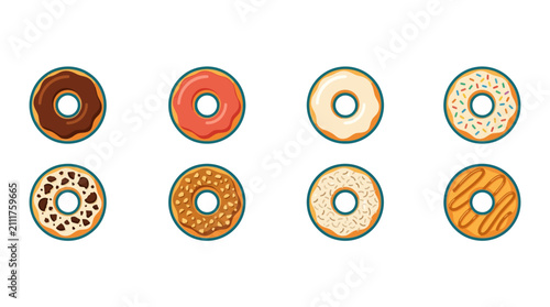 Colorful cartoon donuts variety pack with sprinkles, icing, and toppings for bakery, cafe, or dessert menu, playful snack illustration for children and adults