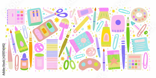 Art Supplies And Stationery Colorful Vector Illustration On White Background