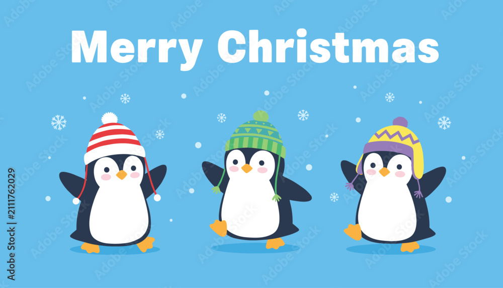 Obraz premium Three cheerful cartoon penguins wearing colorful winter hats celebrate under a merry christmas message on blue.