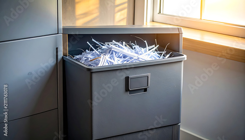 Gray metal office paper shredder box.