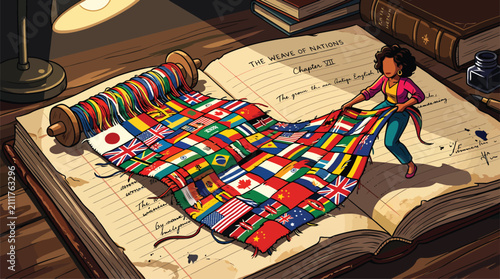 Diverse Global Flags Unfurled Across Open Book, Representing International Relations and Cultural Exchange
