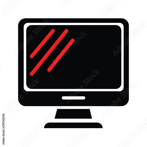 Computer Monitor Screen Vector Icon with Red Reflection Lines
